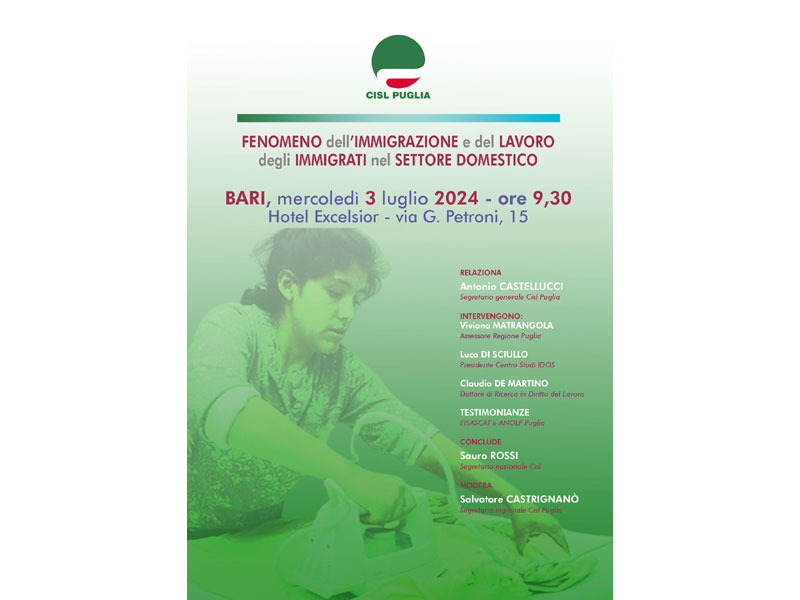 Immigrazione e lavoro: domani a Bari iniziativa della Cisl Puglia
